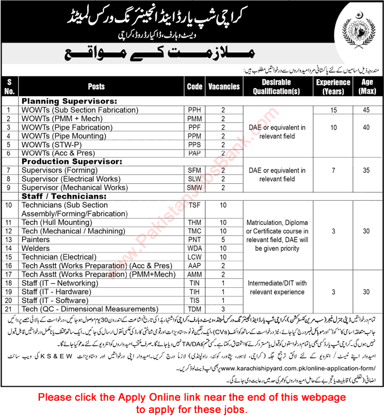 Karachi Shipyard and Engineering Works Jobs June 2018 Apply Online Planning / Production Supervisors & Others Latest