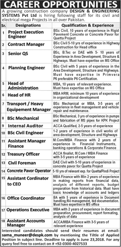 Design & Engineering System Pvt Ltd Pakistan Jobs 2018 June Civil / Mechanical Engineers & Others Latest