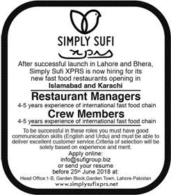 Simply Sufi Pakistan Jobs June 2018 Restaurant Managers & Crew Members Latest