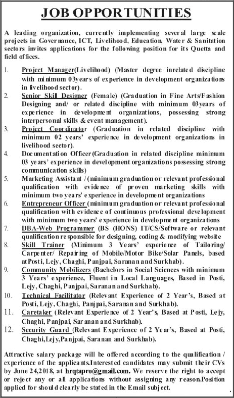 Leading Organization Jobs in Pakistan 2018 June Community Mobilizers, Technical Facilitator & Others Latest