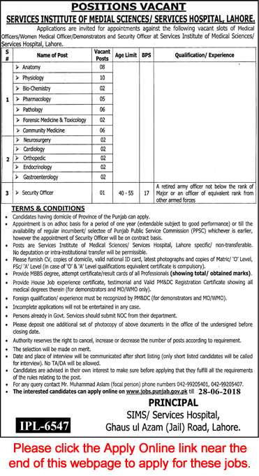 Services Hospital Lahore Jobs June 2018 Apply Online Medical Officers / Demonstrators & Security Officer Latest