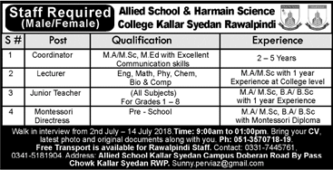 Allied School & Harmain Science College Kallar Syedan Rawalpindi Jobs 2018 July Lecturers, Teachers & Coordinator Latest
