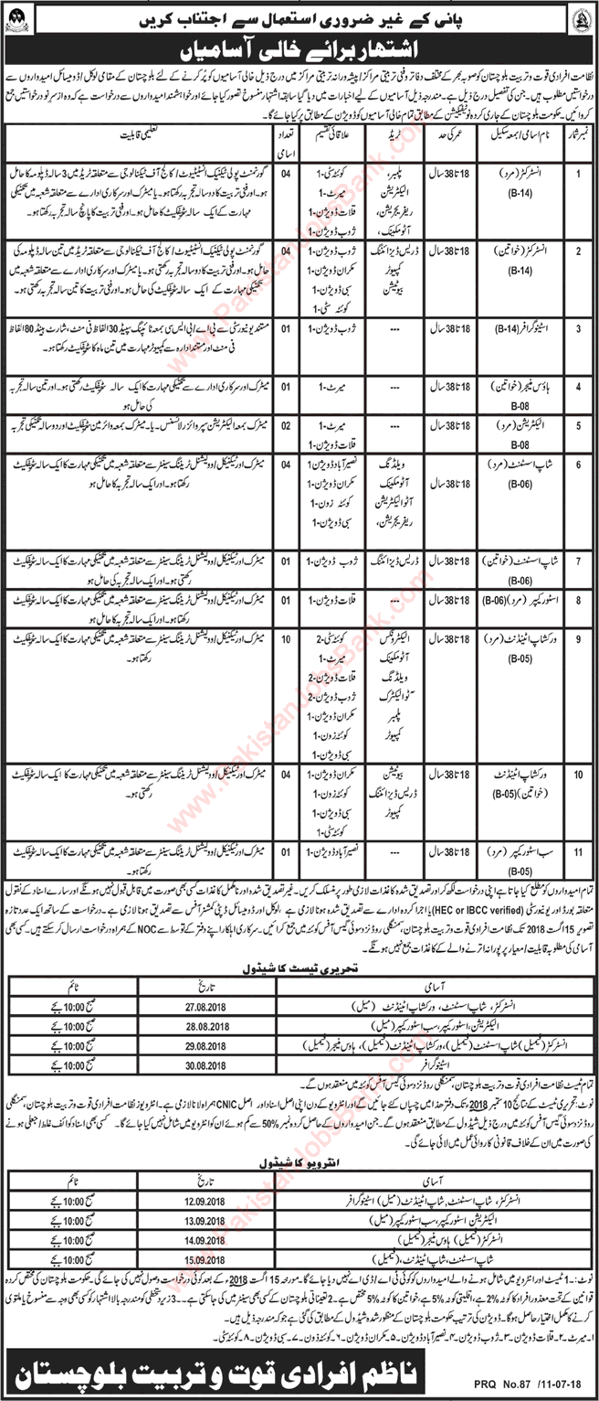 Directorate of Manpower and Training Balochistan Jobs July 2018 Workshop Attendants, Instructors & Others Latest