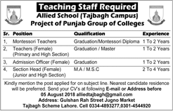 Allied School Lahore Jobs July 2018 Teachers & Others at Tajbagh Campus Latest