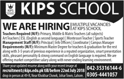 KIPS School Lahore Jobs July 2018 Teachers, Coordinator, Campus Manager & Others Latest