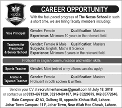 Nexus School Lahore Jobs 2018 July Teachers & Vice Principal Latest