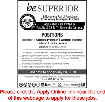 Superior College Lahore Jobs July 2018 Apply Online Teaching Faculty at University Campus Latest