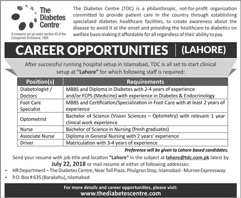 The Diabetes Center Lahore Jobs 2018 July Nurses, Diabetologist / Doctors & Others Latest