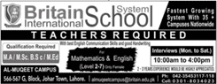 Teaching Jobs in Lahore July 2018 at Britain International School System Latest