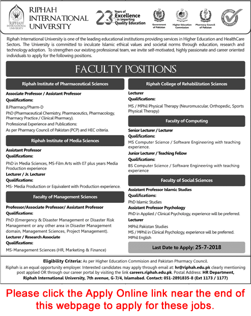 Riphah International University Islamabad Jobs July 2018 Apply Online Teaching Faculty Latest
