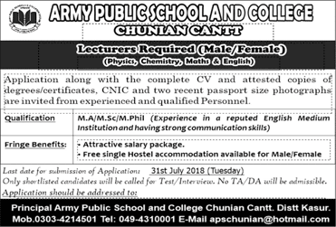 Lecturer Jobs in Army Public School and College Chunian Cantt 2018 July APS&C Latest