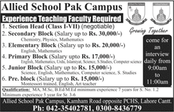 Allied School Lahore Jobs July 2018 Teachers & Section Head at Pak Campus Latest