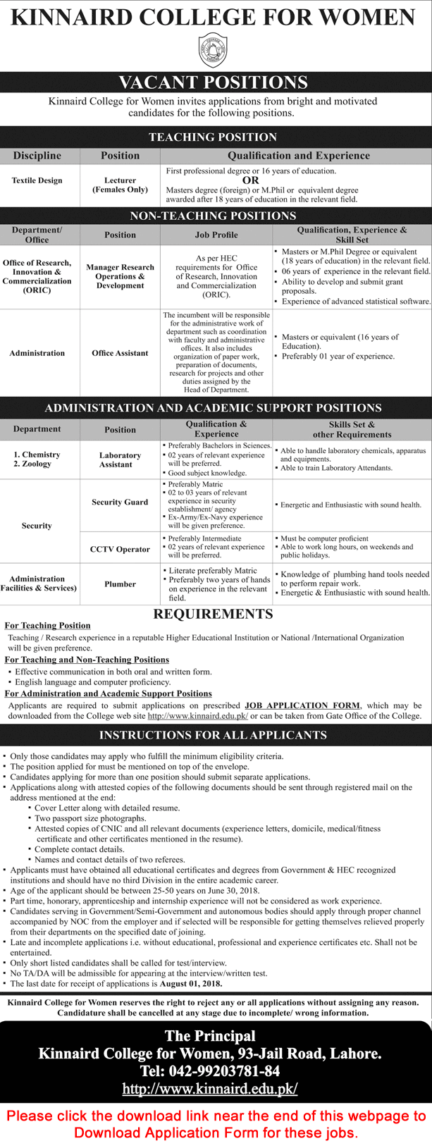 Kinnaird College for Women Lahore Jobs July 2018 Application Form Lecturers & Others Latest