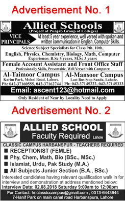 Allied Schools Lahore Jobs July 2018 August Teachers & Others Latest