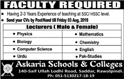 Lecturers Jobs in Askaria Schools and Colleges Rawalpindi July 2018 August Latest