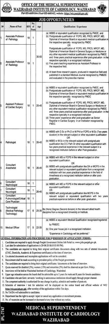 Wazirabad Institute of Cardiology Jobs August 2018 WIC Medical Officers, Technicians & Others Latest