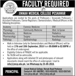 Jinnah Medical College Peshawar Jobs 2018 September JMC Teaching Faculty Latest