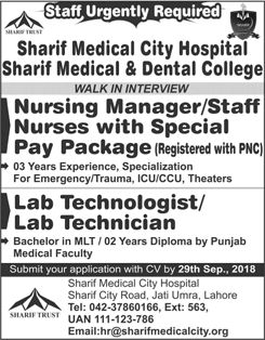 Sharif Medical City Hospital Lahore Jobs September 2018 Walk In Interview Nurses & Others SMCH Latest