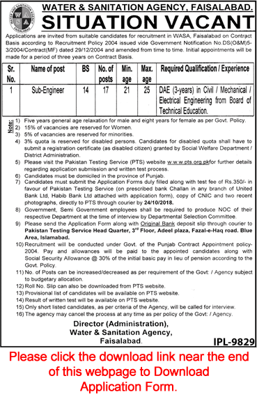 Sub-Engineer Jobs in WASA Faisalabad October 2018 PTS Application Form Latest