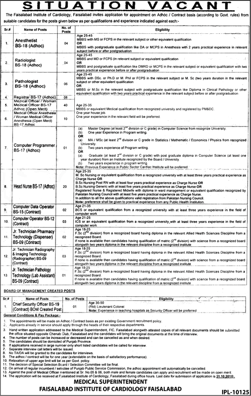 Faisalabad Institute of Cardiology Jobs October 2018 Medical Officers, Nurses & Others Latest