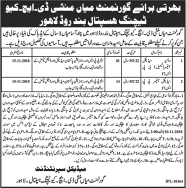Medical Officer Jobs in Government Mian Munshi DHQ Hospital Lahore October 2018 Latest