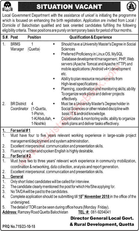 Local Government and Rural Development Department Balochistan Jobs 2018 October Latest