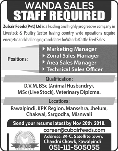 Zubair Feeds Pvt Ltd Pakistan Jobs 2018 November Sales / Marketing Managers & Officers Latest