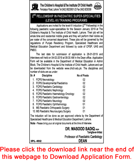 Children's Hospital Lahore Fellowships 2019 Application Form The Institute of Child Health CHICH Latest