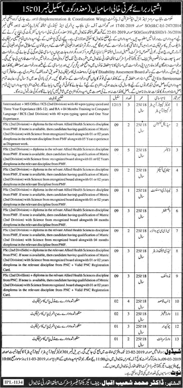 Health Department Khanewal Jobs 2019 February Dispensers, LHV, Midwife, Naib Qasid & Others Disabled Quota Latest