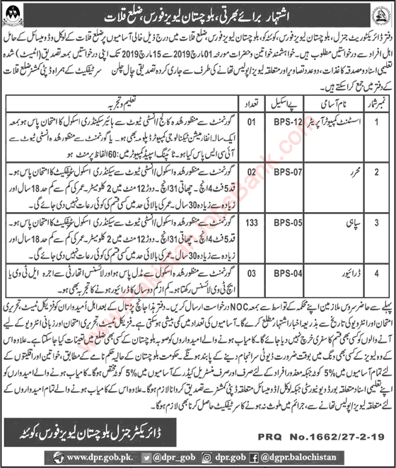 Balochistan Levies Force Jobs February 2019 March Kalat Sipahi & Others Latest