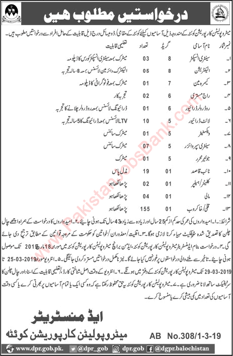 Metropolitan Corporation Quetta Jobs 2019 March Khakroob, Naib Qasid, Drivers & Others Latest