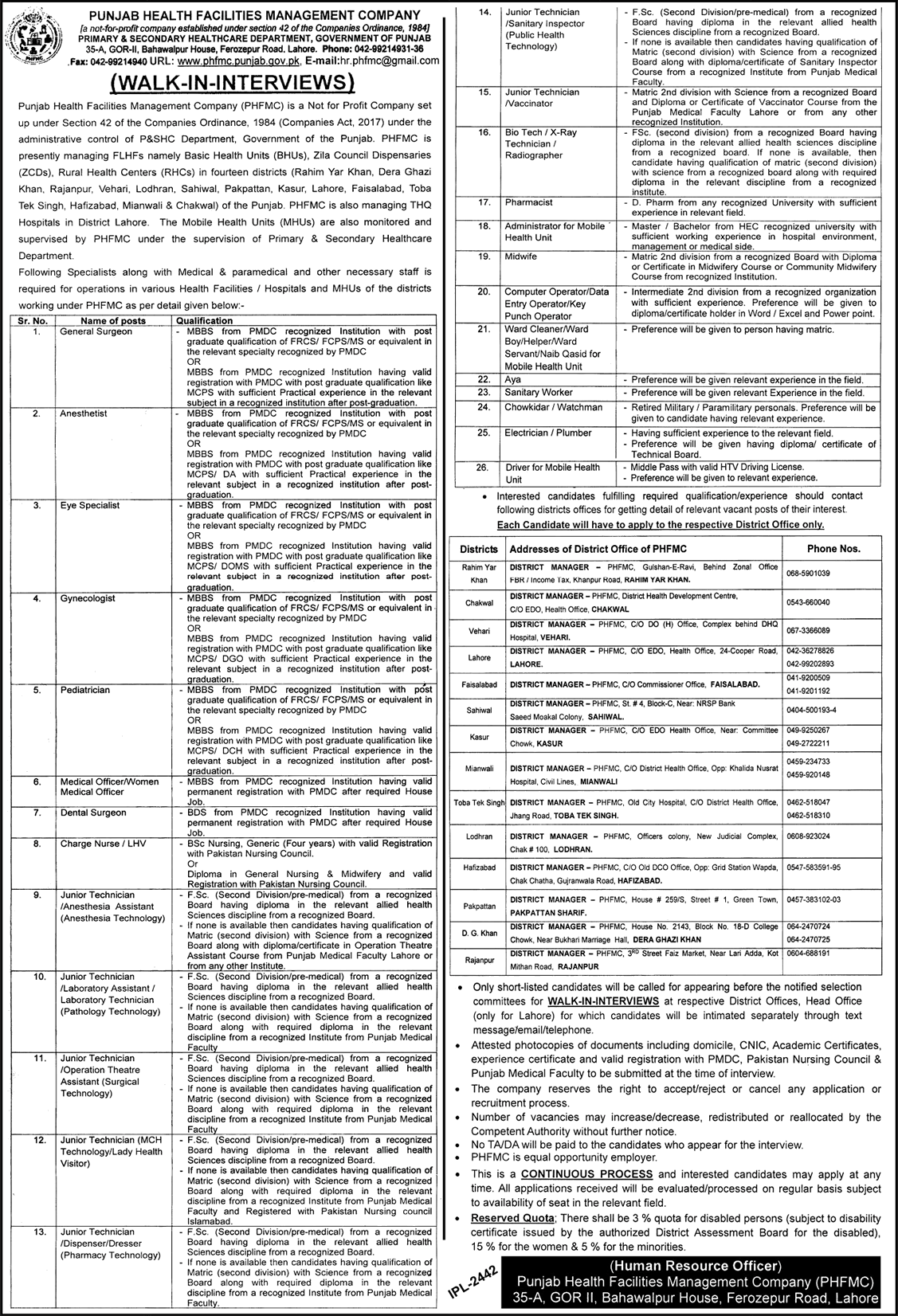 Punjab Health Facilities Management Company Jobs 2019 March Walk In Interview Latest