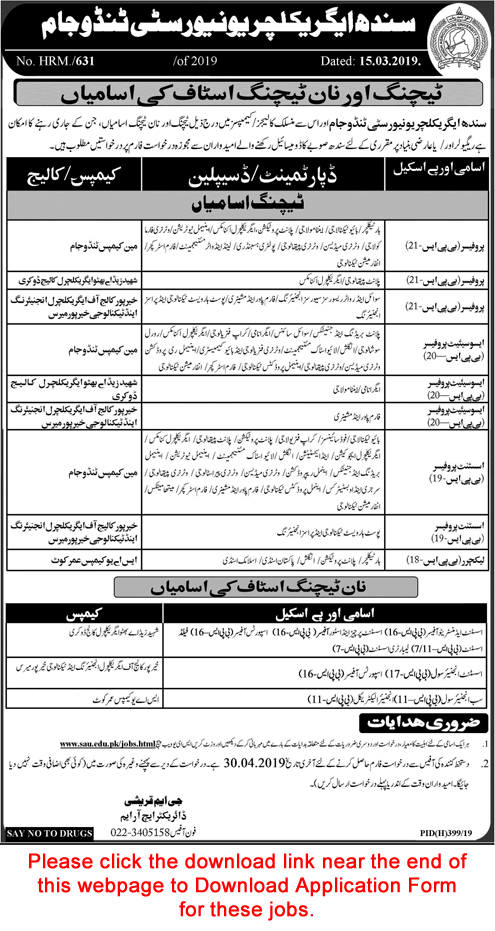 Sindh Agriculture University Tandojam Jobs 2019 March Application Form Teaching Faculty & Others Latest