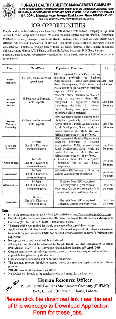 Punjab Health Facilities Management Company Jobs 2019 March Application Form Monitoring Executives & Others Latest