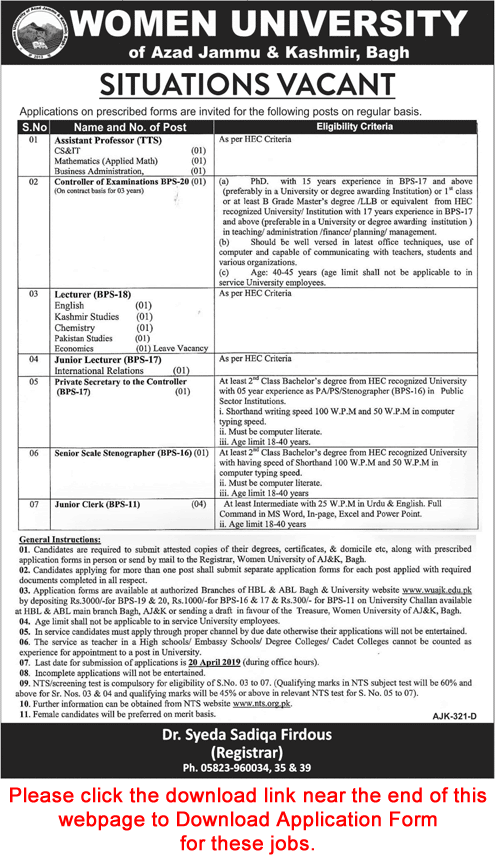 Women University AJK Jobs April 2019 Bagh Application Form Teaching Faculty & Others Latest