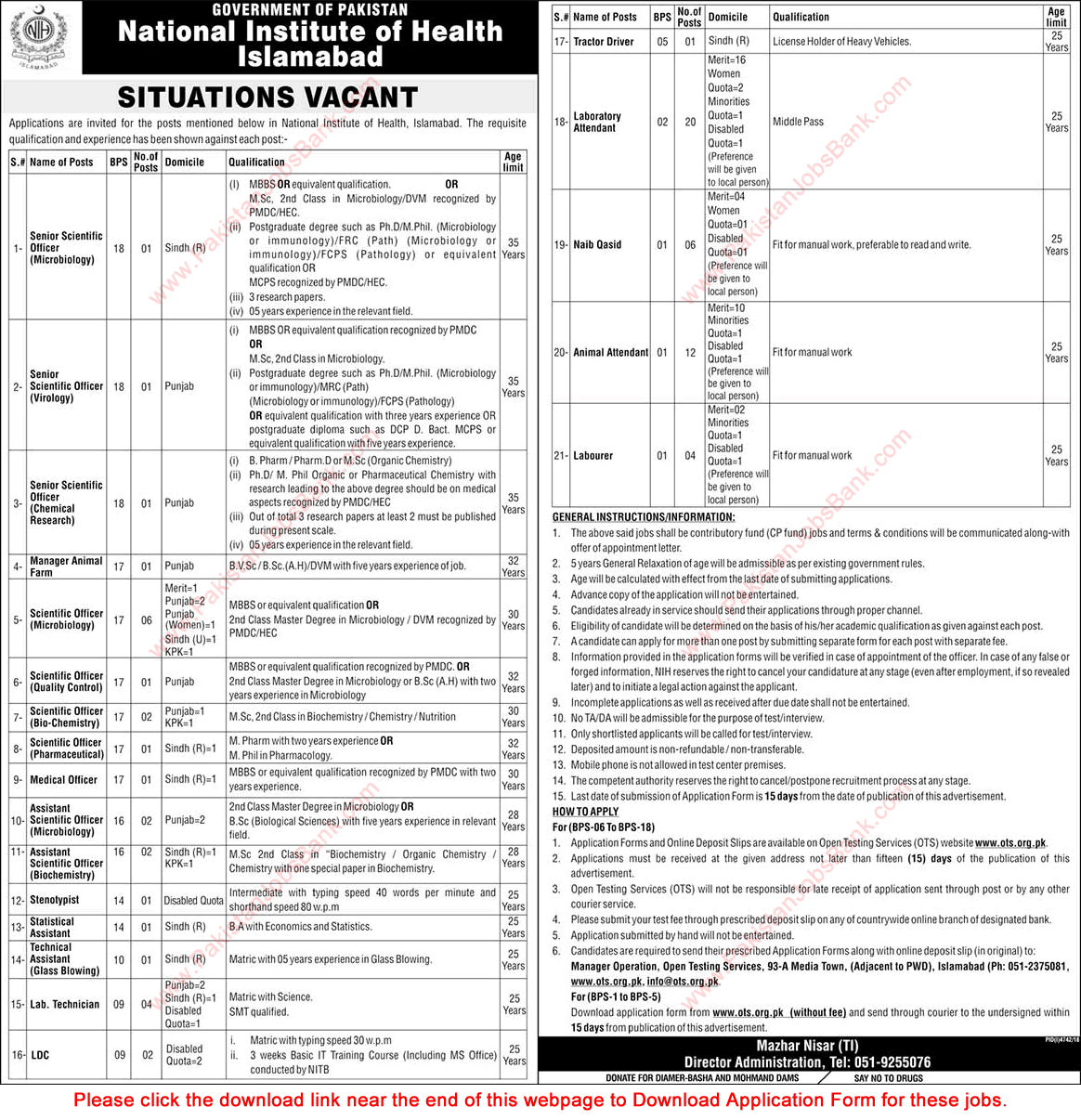 National Institute of Health Islamabad Jobs 2019 April OTS Application Form NIH Hospital Latest
