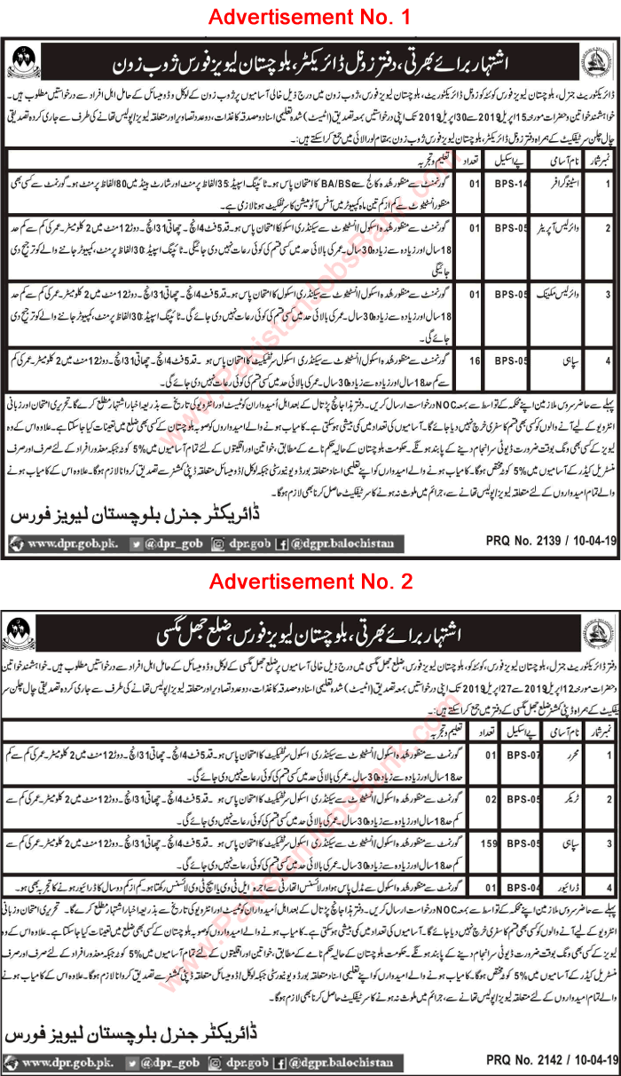 Balochistan Levies Force Jobs April 2019 Sipahi & Others Latest / New