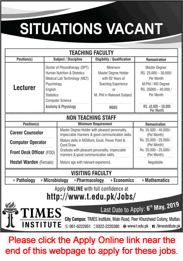 Times Institute Multan Jobs April 2019 May Apply Online Lecturers & Others Latest