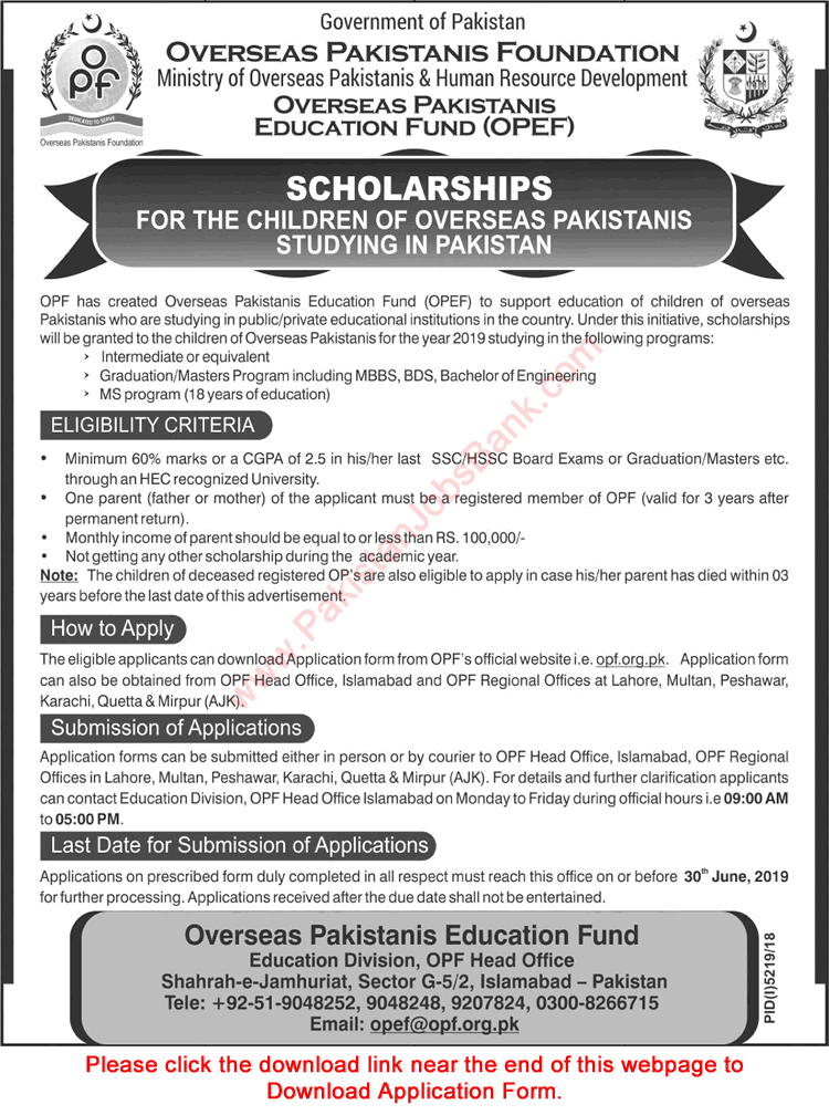 OPF OPEF Scholarships 2019 May Overseas Pakistanis Foundation Application Form Latest
