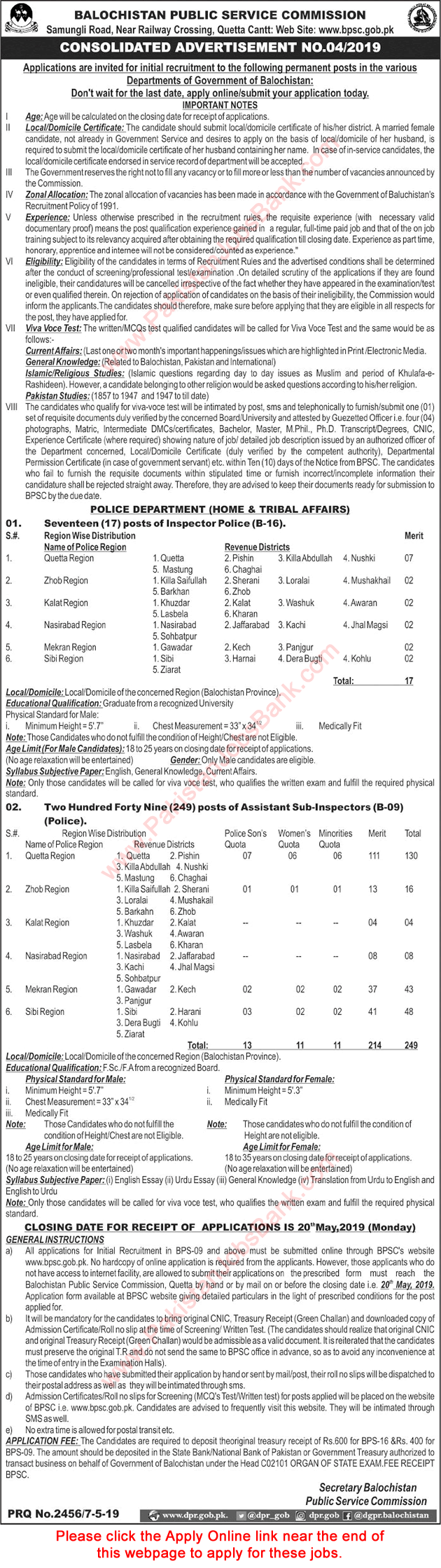 Balochistan Police Jobs May 2019 Assistant Sub Inspectors ASI & Inspectors BPSC Apply Online Latest