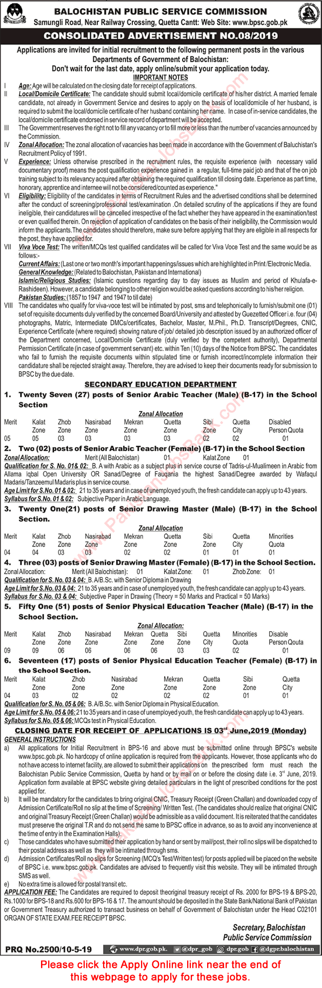 Secondary Education Department Balochistan Jobs May 2019 BPSC Online Application Form Latest