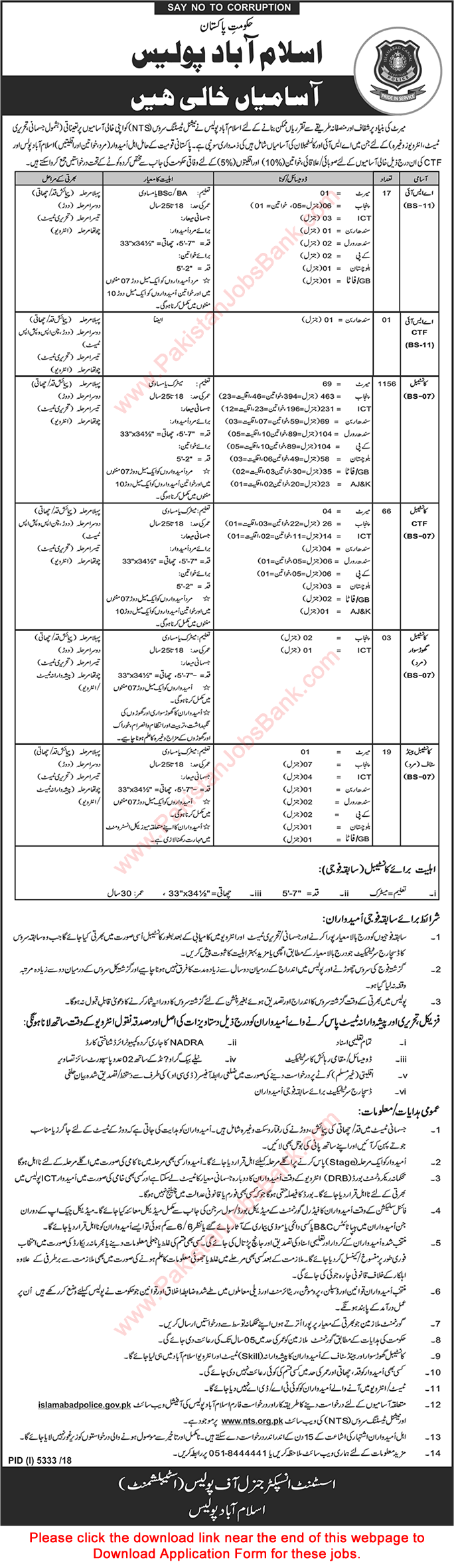 Islamabad Police Jobs May 2019 Constables & ASI NTS Application Form Download Latest
