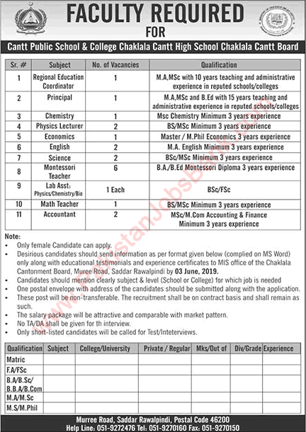 Cantt Public School and College Chaklala Rawalpindi Jobs 2019 May Teaching Faculty & Others Latest