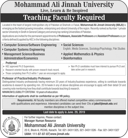 Mohammad Ali Jinnah University Karachi Jobs 2019 June Teaching Faculty MAJU Latest