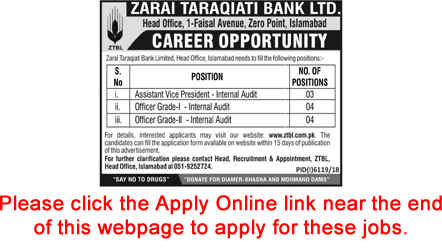 ZTBL Jobs June 2019 Apply Online Internal Auditors OG-I / II & Assistant Vice Presidents Latest
