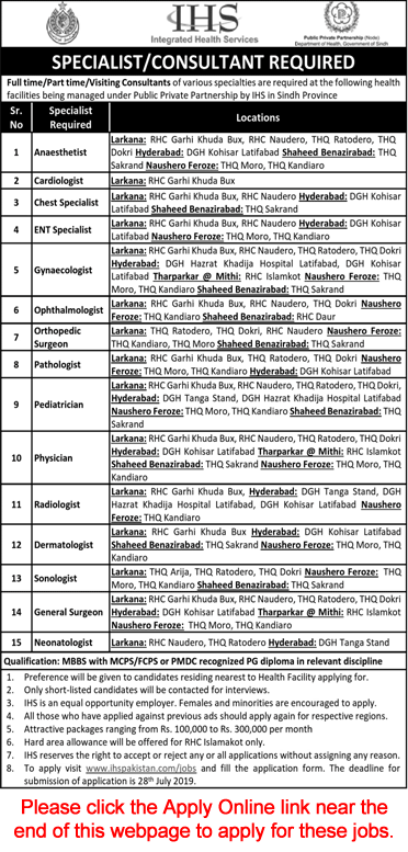 IHS Sindh Jobs 2019 July Apply Online Specialist Doctors Integrated Health Services Latest