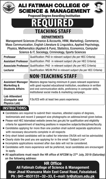 Ali Fatima College Faisalabad Jobs July 2019 Teaching Faculty & Others Latest