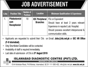 Phlebotomist / Receptionist Jobs in Islamabad Diagnostic Centre 2019 July / August Latest