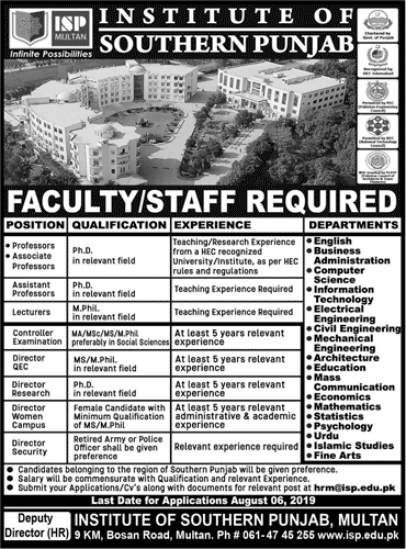Institute of Southern Punjab Multan Jobs 2019 July / August Teaching Faculty & Others Latest