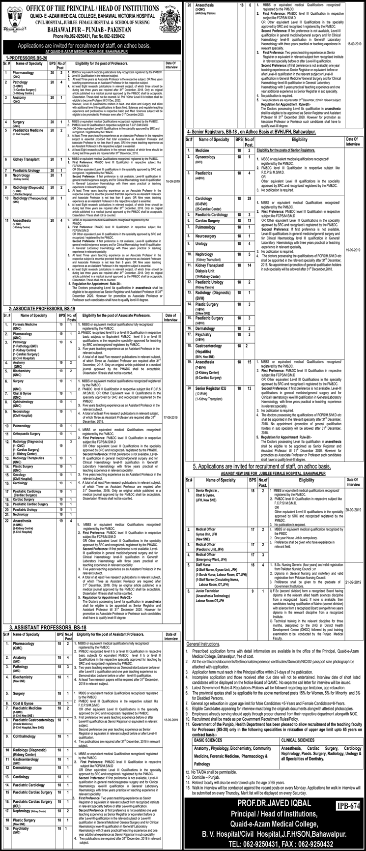 Quaid e Azam Medical College Bahawalpur Jobs August 2019 Teaching Faculty & Others Latest